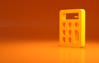 Sarı Hesap Makinesi simgesi turuncu arkaplanda izole edildi. Muhasebe sembolü. İş hesaplamaları matematik eğitimi ve finans. Minimalizm kavramı. 3d illüstrasyon 3B canlandırma.