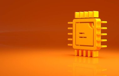 Turuncu arkaplanda mikro devreli işlemci simgesi olan sarı bilgisayar işlemcisi. Devre kartlı çip ya da işlemci. Mikro işlemci. Minimalizm kavramı. 3d illüstrasyon 3B canlandırma.
