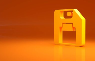 Bilgisayar veri depolama simgesi için sarı disket turuncu arkaplanda izole edildi. Disket işareti. Minimalizm kavramı. 3d illüstrasyon 3B canlandırma.