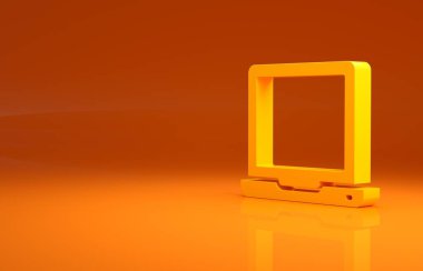 Sarı dizüstü bilgisayar simgesi turuncu arkaplanda izole edildi. Boş ekran işaretli bilgisayar defteri. Minimalizm kavramı. 3d illüstrasyon 3B canlandırma.