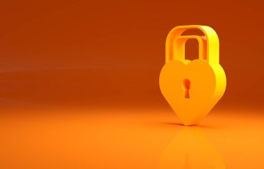 Sarı Kale, turuncu arka planda izole edilmiş kalp ikonu şeklinde. Kilitli Kalp. Aşk sembolü ve anahtar deliği işareti. Minimalizm kavramı. 3d illüstrasyon 3B canlandırma.