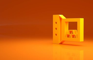 Sarı Kasa, turuncu arka planda izole edilmiş altın külçeli simge. Bankada değerli metaller var. Metalik hazine. Güvenilir veri koruması. Minimalizm kavramı. 3d illüstrasyon 3B canlandırma.