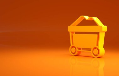 Turuncu arka planda altın ikonu olan sarı maden arabası. Minimalizm kavramı. 3d illüstrasyon 3B canlandırma.