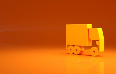 Sarı kargo kamyonu ikonu turuncu arka planda izole edildi. Minimalizm kavramı. 3d illüstrasyon 3B canlandırma.