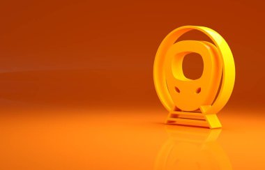 Sarı tren ve demiryolu ikonu turuncu arka planda izole edildi. Toplu taşıma sembolü. Metro treni nakliyesi. Metro yeraltı. Minimalizm kavramı. 3d illüstrasyon 3B canlandırma.