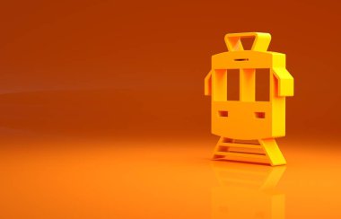 Sarı tramvay ve demiryolu ikonu turuncu arka planda izole edildi. Toplu taşıma sembolü. Minimalizm kavramı. 3d illüstrasyon 3B canlandırma.