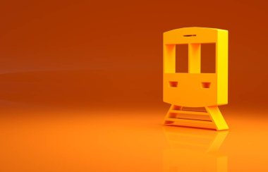 Sarı tren ve demiryolu ikonu turuncu arka planda izole edildi. Toplu taşıma sembolü. Metro treni nakliyesi. Metro yeraltı. Minimalizm kavramı. 3d illüstrasyon 3B canlandırma.