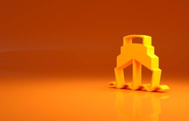 Turuncu arka planda izole edilmiş okyanus simgesindeki Sarı Yolcu gemisi. Dünyayı dolaşmak. Minimalizm kavramı. 3d illüstrasyon 3B canlandırma.