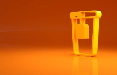 Sarı Kupa, turuncu arka planda izole edilmiş çay poşeti ikonu. Minimalizm kavramı. 3d illüstrasyon 3B canlandırma.