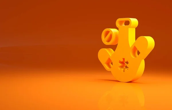 オレンジ色の背景に単離された黄色薬液またはタブレットアイコン カプセル薬と薬のサイン 薬局の設計 最小限の概念 3Dイラスト3Dレンダリング — ストック写真