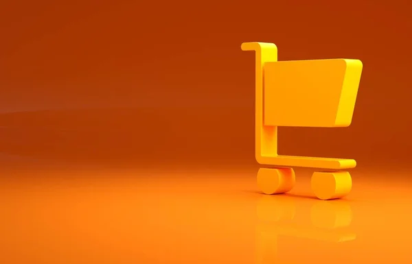 黄色购物车图标孤立在橙色背景 网上购物的概念 送货服务标志 超级市场篮子的象征 最低纲领的概念 3D渲染3D插图 — 图库照片