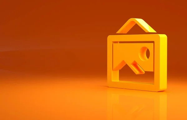 Stock image Yellow Picture landscape icon isolated on orange background. Minimalism concept. 3d illustration 3D render.