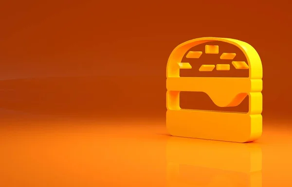 Yellow Burger icon isolated on orange background. Hamburger icon. Cheeseburger sandwich sign. Fast food menu. Minimalism concept. 3d illustration 3D render.