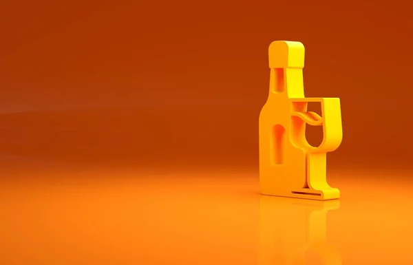 Gul Vinflaska Med Glasikon Isolerad Orange Bakgrund Minimalistiskt Koncept Återgivning — Stockfoto