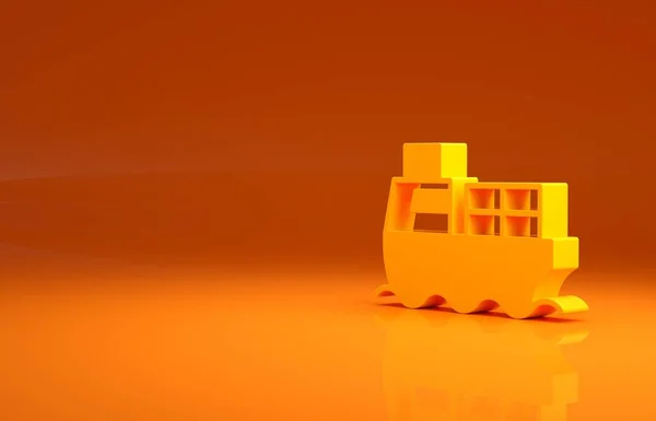 Yellow Cargo ship with boxes delivery service icon isolated on orange background. Delivery, transportation. Freighter with parcels, boxes, goods. Minimalism concept. 3d illustration 3D render.