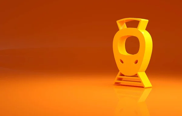 オレンジの背景に黄色のトラムと鉄道のアイコンが孤立しています 公共交通機関のシンボル 最小限の概念 3Dイラスト3Dレンダリング — ストック写真