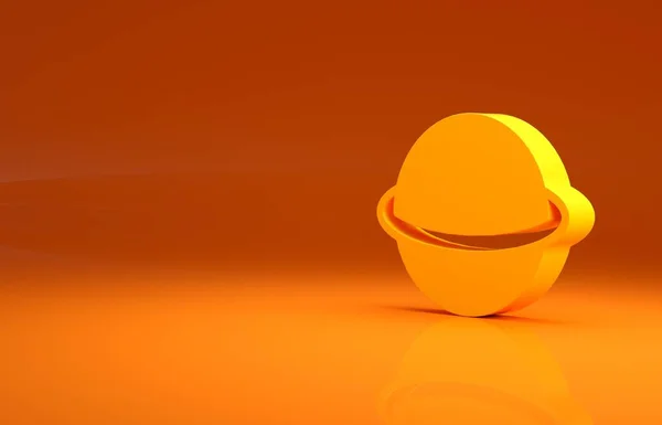 Yellow Planet Saturn with planetary ring system icon isolated on orange background. Minimalism concept. 3d illustration 3D render.
