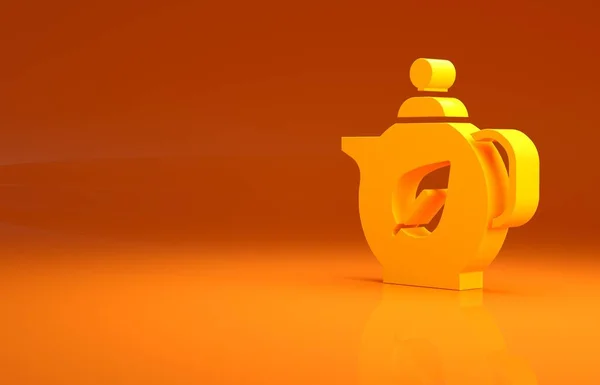 オレンジの背景に葉のアイコンが孤立した黄色のティーポット 最小限の概念 3Dイラスト3Dレンダリング — ストック写真