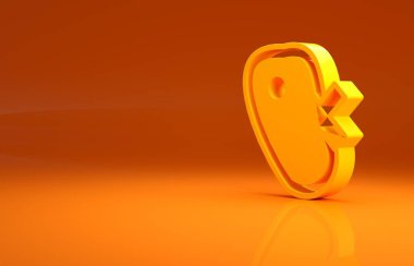 Turuncu arka planda et simgesi yok. Fast food yasak - vejetaryen yiyecekler. Minimalizm kavramı. 3d illüstrasyon 3B canlandırma.