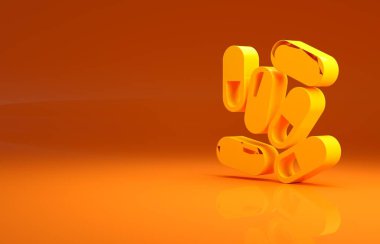 Turuncu arka planda izole edilmiş sarı ilaç veya tablet ikonu. Kapsül hapı ve uyuşturucu işareti. Eczane tasarımı. Minimalizm kavramı. 3d illüstrasyon 3B canlandırma.