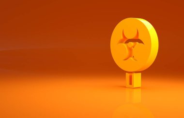 Sarı Biyolojik Tehlike sembolü turuncu arka planda izole edilmiş. Minimalizm kavramı. 3d illüstrasyon 3B canlandırma.