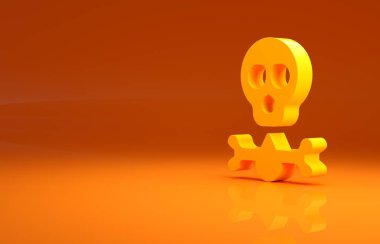 Sarı Kemikler ve Kafatası, turuncu arka planda izole edilmiş toksik uyarı ikonu. Minimalizm kavramı. 3d illüstrasyon 3B canlandırma.