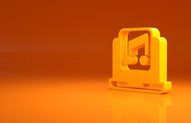 Turuncu arkaplanda izole edilmiş müzik nota sembollü sarı dizüstü bilgisayar. Minimalizm kavramı. 3d illüstrasyon 3d canlandırma.