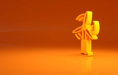 Sarı Rüzgar türbini ikonu turuncu arka planda izole edildi. Rüzgar jeneratörü işareti. Elektrik üretimi için yel değirmeni. Minimalizm kavramı. 3d illüstrasyon 3d canlandırma.