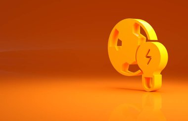 Sarı Küresel Enerji Gezegeni. Ampul simgesi turuncu arka planda izole edilmiş. Ekoloji konsepti ve çevre. Minimalizm kavramı. 3d illüstrasyon 3B canlandırma.