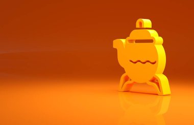 Turuncu arka planda izole edilmiş sarı klasik çaydanlık ikonu. Minimalizm kavramı. 3d illüstrasyon 3B canlandırma.