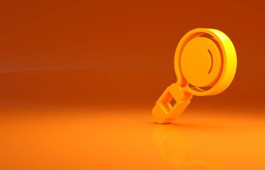Sarı büyüteç ikonu turuncu arka planda izole edilmiş. Arama, odaklanma, yakınlaştırma, iş sembolü. Minimalizm kavramı. 3d illüstrasyon 3B canlandırma.
