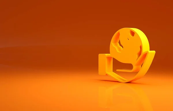 黄色オレンジの背景に隔離された地球の地球のアイコンを保持する人間の手 地球の概念を救う 最小限の概念 3Dイラスト3Dレンダリング — ストック写真