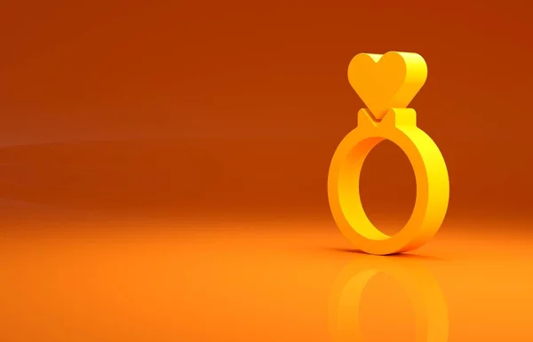 黄色のウェディングリングアイコンはオレンジの背景に隔離されています 花嫁と新郎のジュエリーサイン 結婚のシンボル ダイヤモンドリング 最小限の概念 3Dイラスト3Dレンダリング — ストック写真