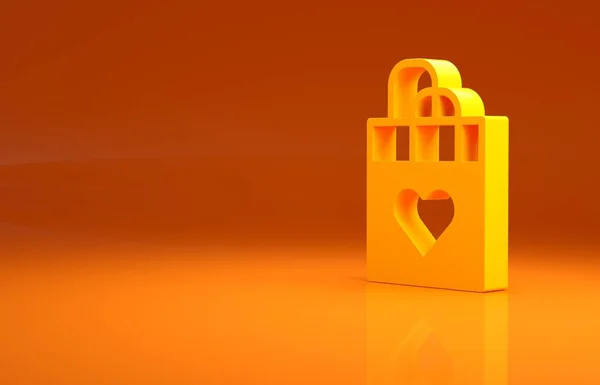 Gele Boodschappentas Met Hartpictogram Geïsoleerd Oranje Achtergrond Winkeltas Winkel Liefde — Stockfoto