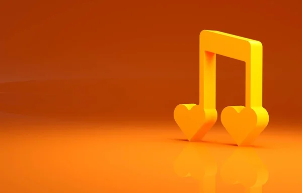 Yellow Music note, tone with hearts icon isolated on orange background. Happy Valentines day. Minimalism concept. 3d illustration 3D render.