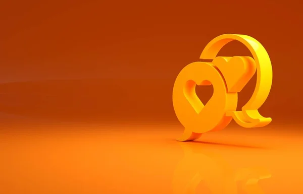 オレンジ色の背景に隔離された音声バブルアイコン内の黄色のハート ハッピーバレンタインデー 最小限の概念 3Dイラスト3Dレンダリング — ストック写真
