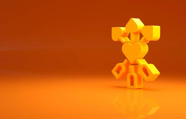 オレンジの背景にハートと矢印のアイコンが孤立した黄色のアムールのシンボル 愛のサインだ ハッピーバレンタインデー 最小限の概念 3Dイラスト3Dレンダリング — ストック写真
