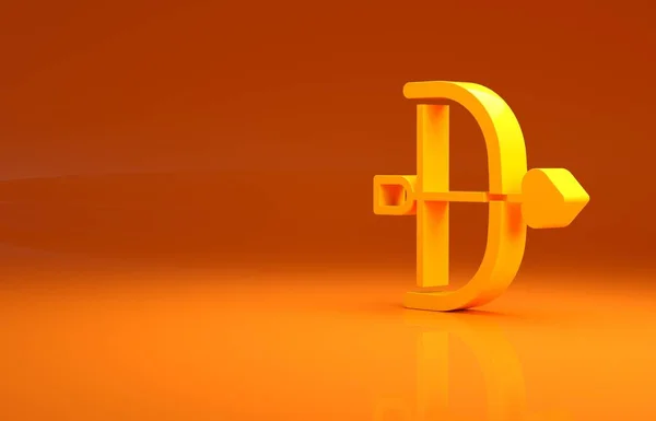 Żółty Łuk Ikona Strzałki Izolowane Pomarańczowym Tle Symbol Kupidyna Znak — Zdjęcie stockowe