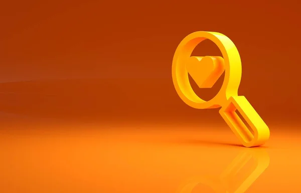 Žlutá Hledat Srdce Láska Ikona Izolované Oranžovém Pozadí Lupa Srdcem — Stock fotografie