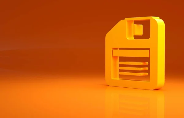 用于计算机数据存储图标的黄色软盘 在橙色背景下隔离 软磁盘的标志 最低纲领的概念 3D渲染3D插图 — 图库照片