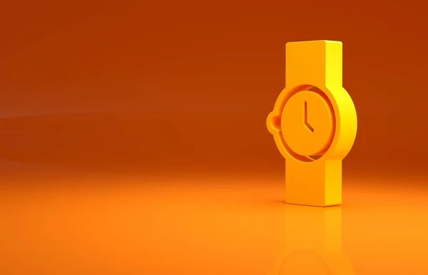 オレンジ色の背景に隔離されたイエローリストウォッチアイコン 腕時計のアイコン 最小限の概念 3Dイラスト3Dレンダリング — ストック写真