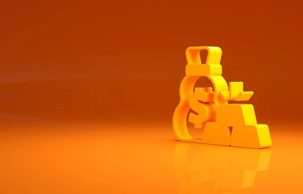 黄色包裹的金条图标孤立在橙色背景 有金条的麻袋最低纲领的概念 3D渲染3D插图 — 图库照片