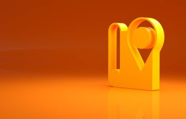 Turuncu arkaplanda konum belirleyici simgesi olan sarı katlı harita. Minimalizm kavramı. 3d illüstrasyon 3d canlandırma.