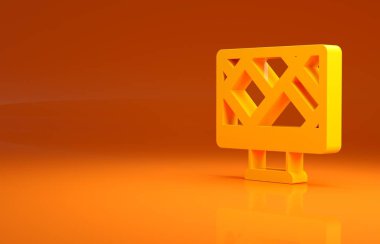Sarı Bilgisayar monitörü ve katlanmış harita, turuncu arkaplanda izole edilmiş konum imleci simgesi. Minimalizm kavramı. 3d illüstrasyon 3d canlandırma.