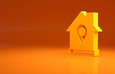 Turuncu arka planda ev simgesi olan sarı harita işaretçisi. Ev konumu belirleyici sembol. Minimalizm kavramı. 3d illüstrasyon 3B canlandırma.