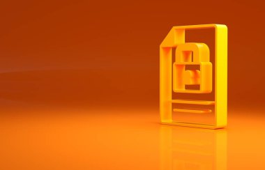 Sarı Belge ve kilit simgesi turuncu arkaplanda izole edildi. Dosya biçimi ve asma kilit. Güvenlik, güvenlik, koruma kavramı. Minimalizm kavramı. 3d illüstrasyon 3B canlandırma.