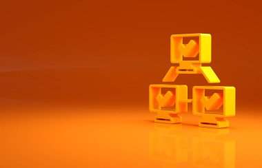 Sarı NFT engelleme teknolojisi ikonu turuncu arka planda izole edildi. Para iadesi olmayan jeton. Dijital kripto sanat konsepti. Minimalizm kavramı. 3d illüstrasyon 3B canlandırma.