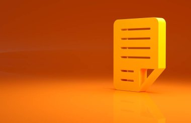 Sarı Dosya belgesi simgesi turuncu arkaplanda izole edildi. Kontrol listesi simgesi. İş konsepti. Minimalizm kavramı. 3d illüstrasyon 3B canlandırma.