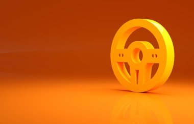 Sarı direksiyon ikonu turuncu arka planda izole edildi. Araba tekeri ikonu. Minimalizm kavramı. 3d illüstrasyon 3B canlandırma.