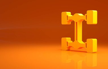Sarı Chassis araba ikonu turuncu arka planda izole edildi. Minimalizm kavramı. 3d illüstrasyon 3B canlandırma.